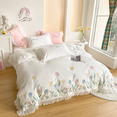 Ihomed Tulip Embroidery Girl Bedding Set 100% Washed Cotton Lace Ruffles Flower Quilt/Duvet Cover Set Bed Linen Fitted Sheet Pillowcase