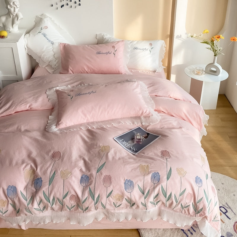 Ihomed Tulip Embroidery Girl Bedding Set 100% Washed Cotton Lace Ruffles Flower Quilt/Duvet Cover Set Bed Linen Fitted Sheet Pillowcase