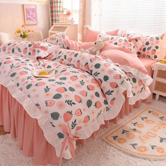 Ihomed Pastoral Style Bedding Set Cotton 3/4pcs Floral Duvet Cover with Pillowcases Cute Flowers Bed Skirtwith Zipper Quilt Cover