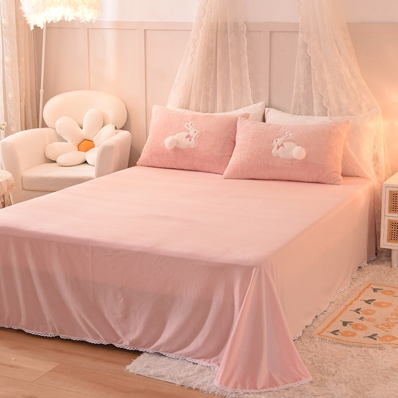 Ihomed Luxury Shaggy Velvet + Berber Fleece Princess Girl Bedding Set Rabbit Embroidery Short Plush Duvet Cover Quilt Cover Bed Linen