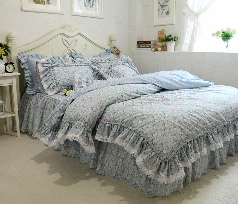 Ihomed New Plaid print bedding set lace ruffle duvet cover 100% cotton cute bed set Embroidery bed sheet Luxury bedding set Home Linens