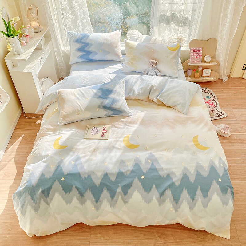 Ihomed Cute Moon Bedding Set For Girl Kawaii Heats Flower Cotton Twin Full Queen Size Bedding Double Fitted Bed Sheet Quilt Duvet Cover