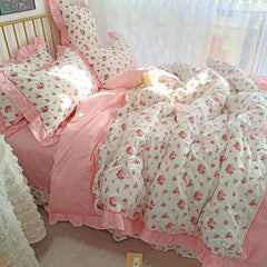 Ihomed 4/6Pcs100%Cotton Bedding Set Vintage Elegant Flowers Duvet cover  with Ruffle soft comfy bed sheet pillowcases Double Queen King