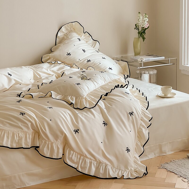 Ihomed Girlish Embroidered Bow Bedding Set 300TC Cotton Queen King Size Lovely Bed Sheet Pillowcase Duvet Cover Set 4pcs with Ruffles