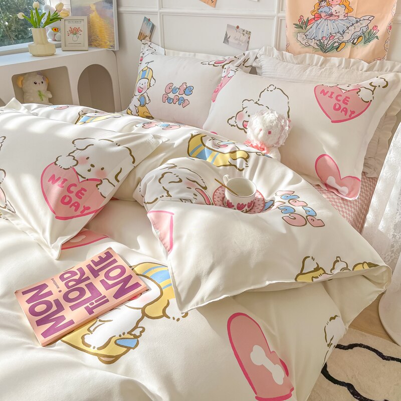 Ihomed Cartoon Style Printed Bedding Sets King Queen Full Sizes Comforter Sets Duvet Cover Bed Flat Sheet Pillowcases for Child Girls