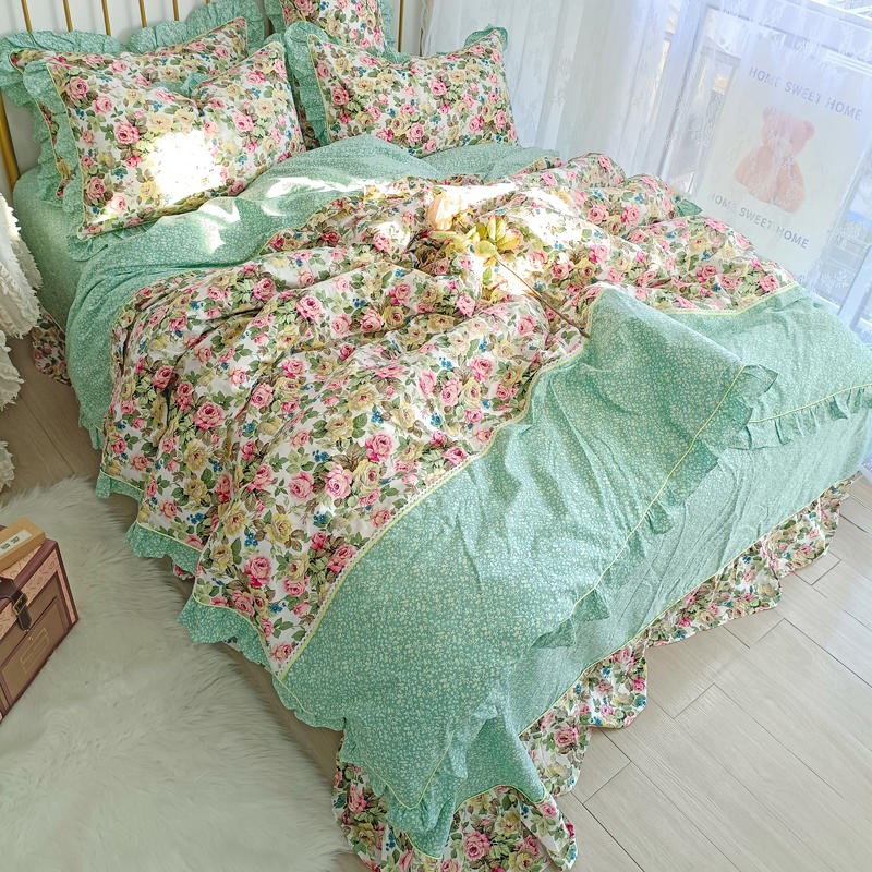 Ihomed 4/6Pcs100%Cotton Bedding Set Vintage Elegant Flowers Duvet cover  with Ruffle soft comfy bed sheet pillowcases Double Queen King