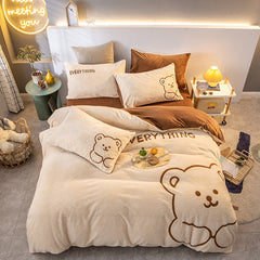 Ihomed Soft Warm Cosy Flannel Velvet Fleece Cartoon Bear Embroidery Child Bedding Set Duvet Cover Flat/Fitted Sheet Pillowcases