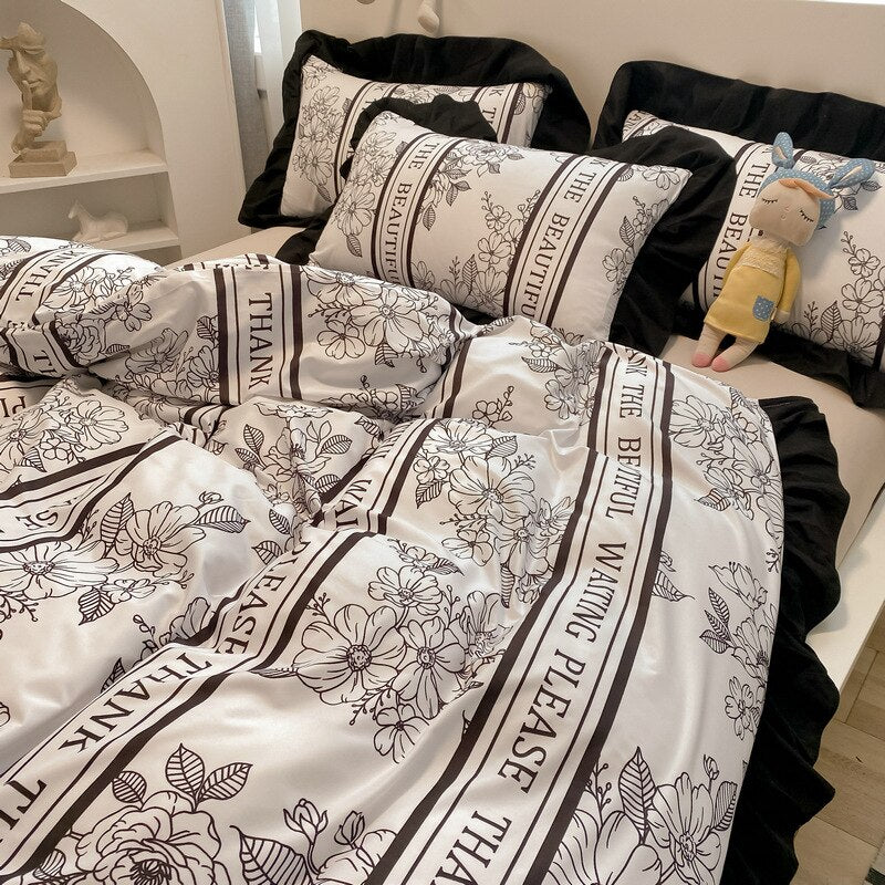 Ihomed Luxury Black and White Ruffled Bedding Set Fashion Bedspreads Home Textiles Duvet Cover Sheet Pillowcase for Teens Girls 3/4pcs