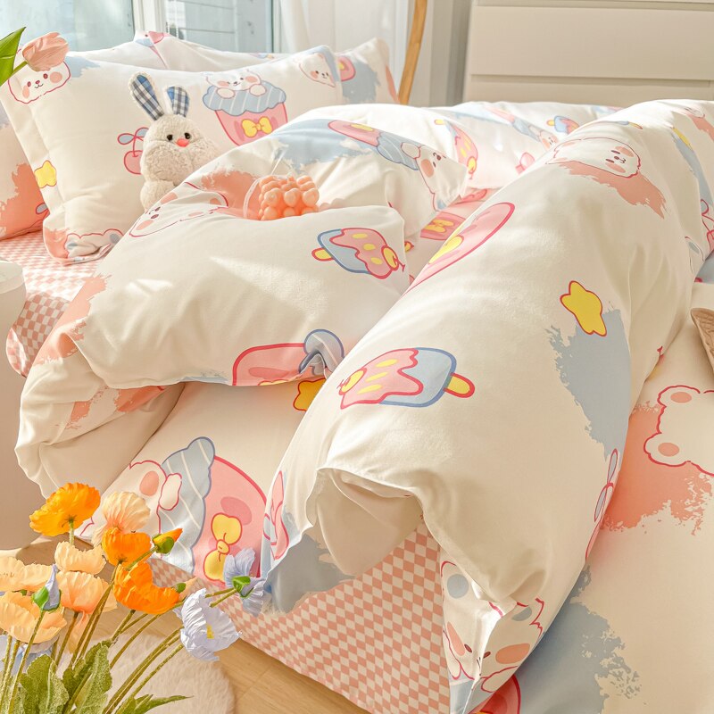 Ihomed Cartoon Style Printed Bedding Sets King Queen Full Sizes Comforter Sets Duvet Cover Bed Flat Sheet Pillowcases for Child Girls