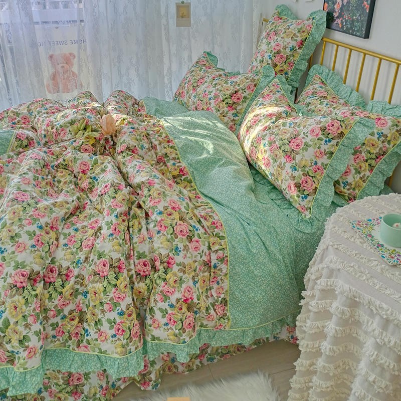 Ihomed 4/6Pcs100%Cotton Bedding Set Vintage Elegant Flowers Duvet cover  with Ruffle soft comfy bed sheet pillowcases Double Queen King