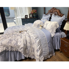 Ihomed French Vintage Rural Floral Princess Bed Skirt Bedding Set Romantic White Lace Edge 400TC Cotton Quilt/Duvet Cover Set Pillowcas