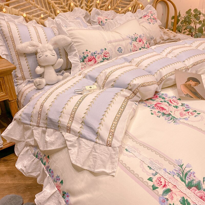 Ihomed Bedding 3-piece set 4-piece set cotton small fresh Princess wind bed products bed sheet fitted sheet quilt cover