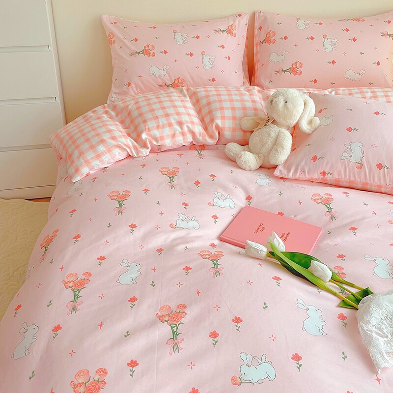 Ihomed Cute Animals Flower Bedding Set For Double Bed 100 Cotton Twin Full Queen Size Bedding Couple Fitted Bed Sheet Duvet Cover Set