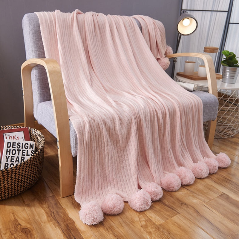 Ihomed Soft Solid Color With Ball Blanket For Beds Sofa100% Cotton Bedding Warm and Lovely Nap Bedspread