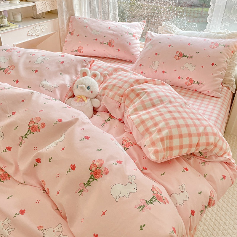 Ihomed Cute Animals Flower Bedding Set For Double Bed 100 Cotton Twin Full Queen Size Bedding Couple Fitted Bed Sheet Duvet Cover Set