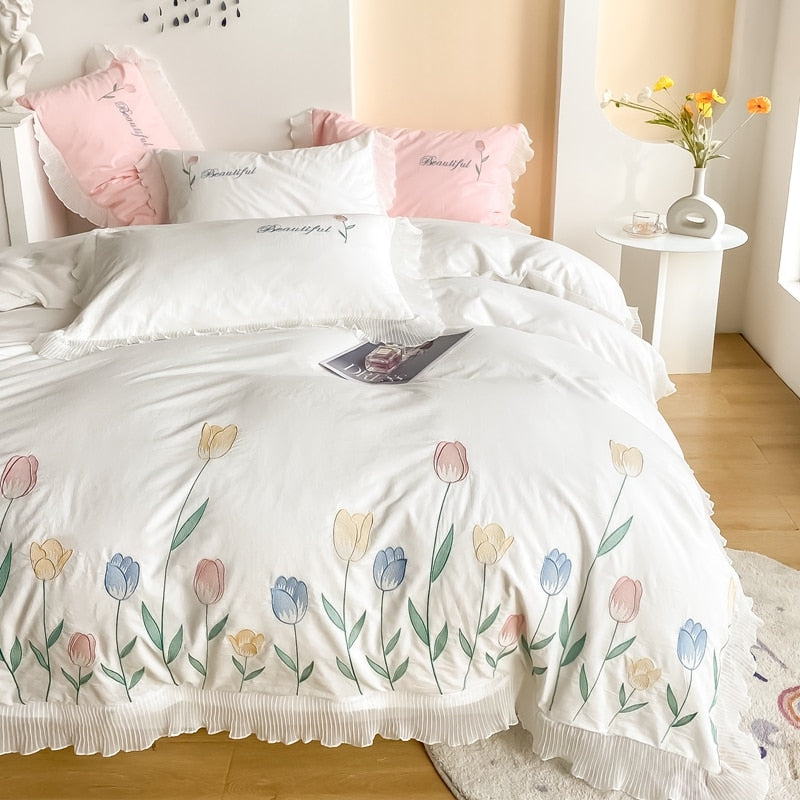 Ihomed Tulip Embroidery Girl Bedding Set 100% Washed Cotton Lace Ruffles Flower Quilt/Duvet Cover Set Bed Linen Fitted Sheet Pillowcase