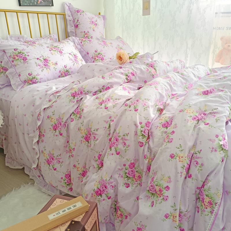 Ihomed 4/6Pcs100%Cotton Bedding Set Vintage Elegant Flowers Duvet cover  with Ruffle soft comfy bed sheet pillowcases Double Queen King