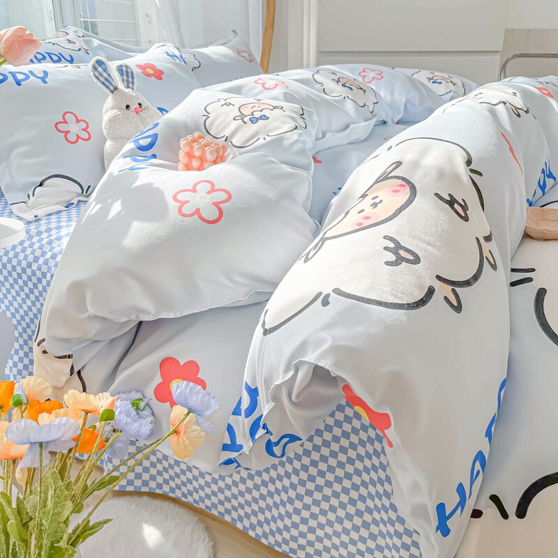 Ihomed Cartoon Style Printed Bedding Sets King Queen Full Sizes Comforter Sets Duvet Cover Bed Flat Sheet Pillowcases for Child Girls