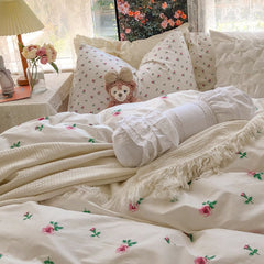 Ihomed Small Rose Four-Piece Set Sweet Girly Small Floral Quilt Cover Cotton Bed Sheet Pure Cotton Bedding