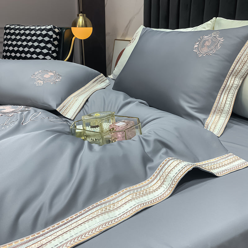 Ihomed Luxury Satin Silky Embroidery Bedding Set Soft Smooth Double Duvet Cover Set Bed Linen Fitted Sheet Pillowcases Home Textiles