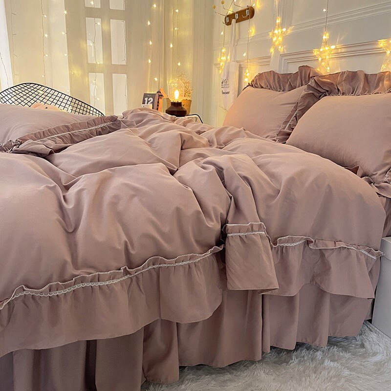 Ihomed Bedding simple princess wind bed skirt four-piece lace solid color duvet cover bed sheet bedroom dormitory