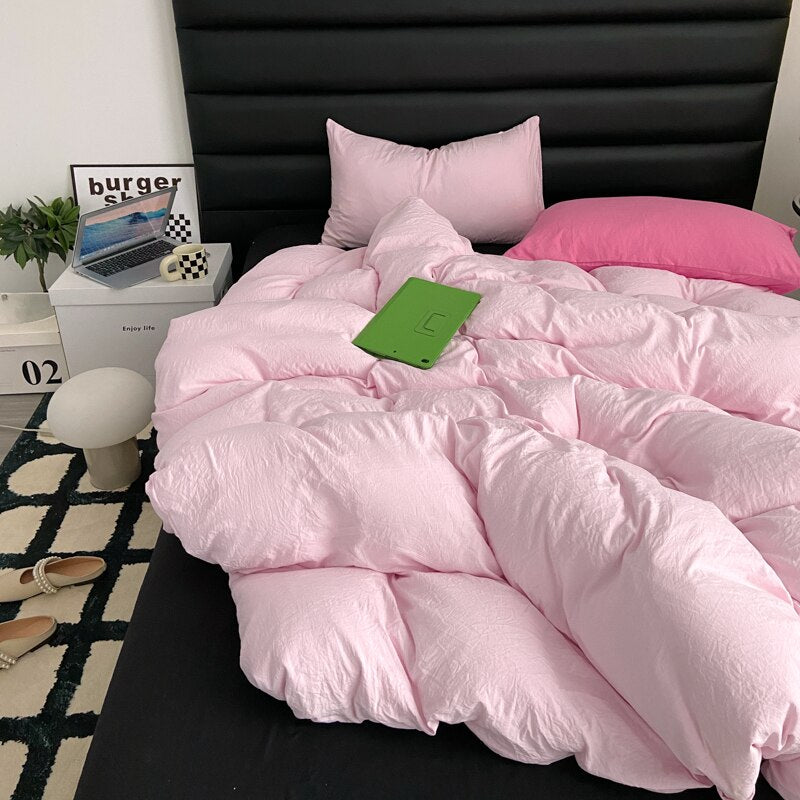 Ihomed Fashion Style Pink,Black 4pcs Bedding Set Luxury Pure Cotton Soft Duvet Cover Comforter Pillowcases Bed Flat Sheet Set for Girl