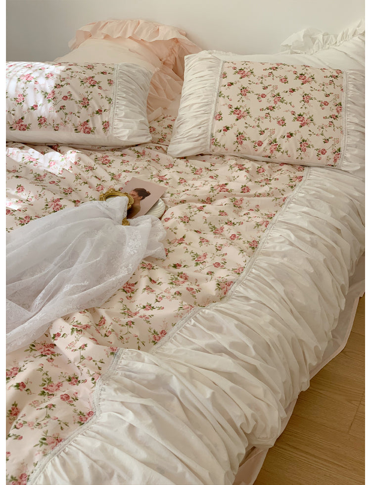 Ihomed Romantic Vintage Floral Cotton Four-Piece Set Princess Pure Cotton Quilt Cover French Bedding