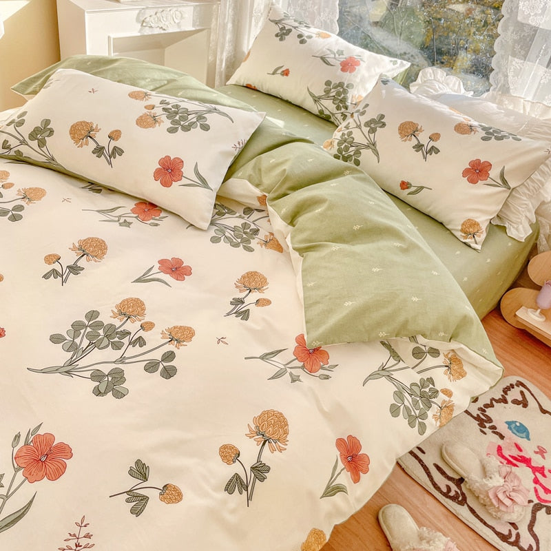 Ihomed Cute Moon Bedding Set For Girl Kawaii Heats Flower Cotton Twin Full Queen Size Bedding Double Fitted Bed Sheet Quilt Duvet Cover