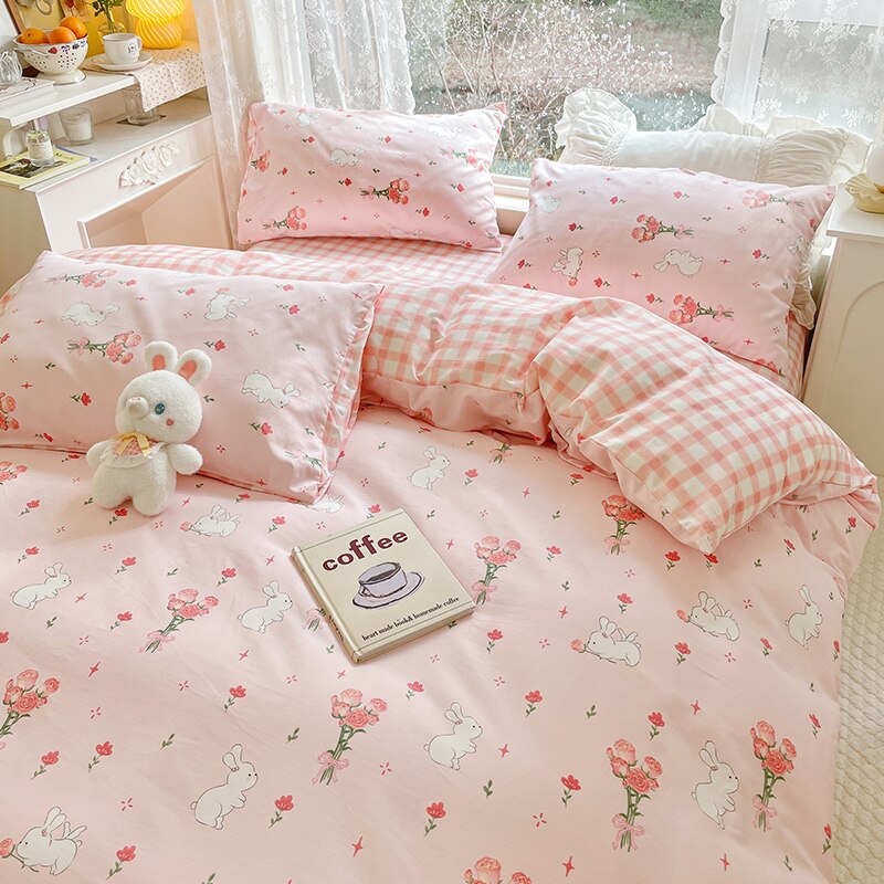 Ihomed Cute Animals Flower Bedding Set For Double Bed 100 Cotton Twin Full Queen Size Bedding Couple Fitted Bed Sheet Duvet Cover Set