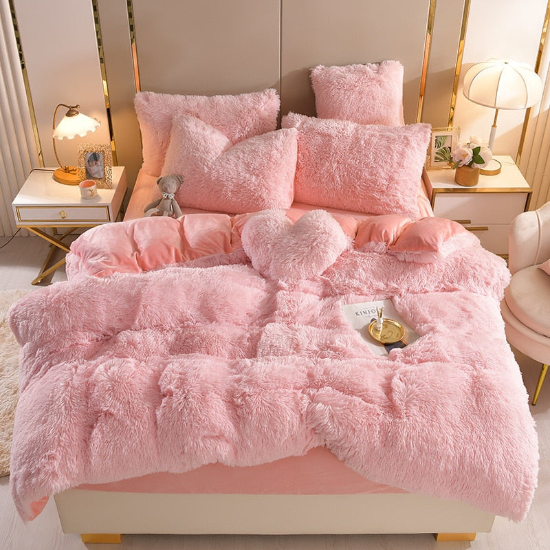 Ihomed Luxury Plush Pure Color Shaggy Warm Fleece Girl Bedding Set Mink Velvet For Home Double Duvet Cover Set Bed Sheet Pillowcase