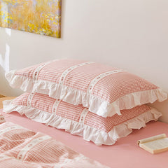 Ihomed Princess girl ruffle pilowcase pink plaid pillow cases princess home decoration bedding accessories pillow sham pillow cover