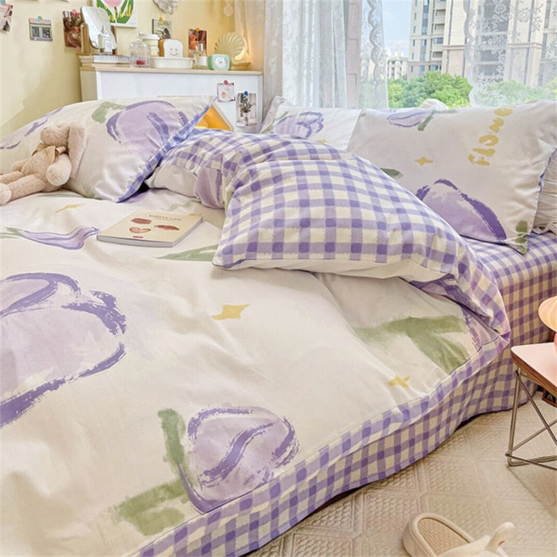 Ihomed AB double-sided florals print 100% cotton Bedding Set queen soft skin friendly duvet cover set with flat sheets quilt cover sets