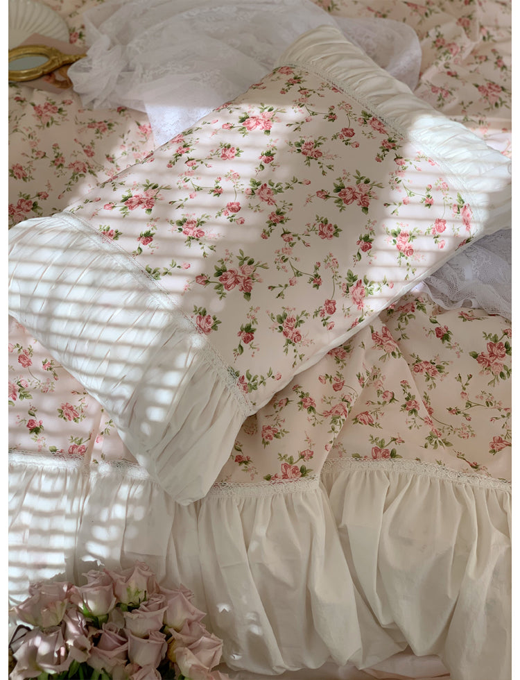 Ihomed Romantic Vintage Floral Cotton Four-Piece Set Princess Pure Cotton Quilt Cover French Bedding