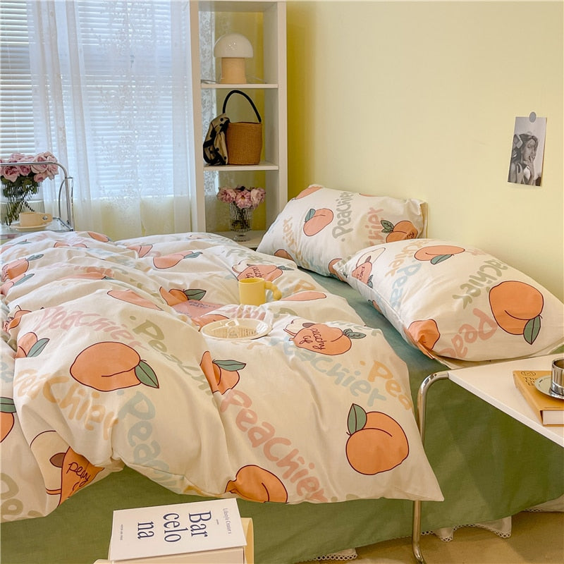 Ihomed Cute Peach Bedding Set For Girl Women Cotton Twin Full Queen Size Strawberry Leopard Fitted Bed Sheet Pillowcases Duvet Cover