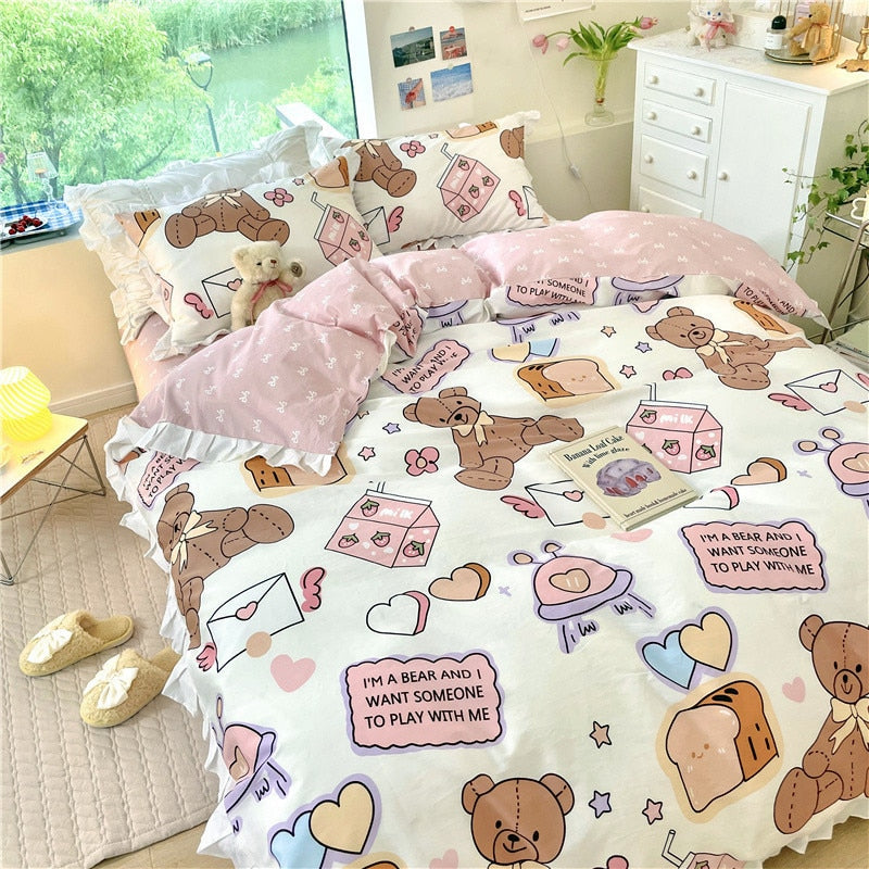 Ihomed Kawaii Peach Bedding Set For Home Cotton Twin Full Queen Size Strawberry Bear Cute Fitted Bed Sheet Pillowcases Duvet Cover