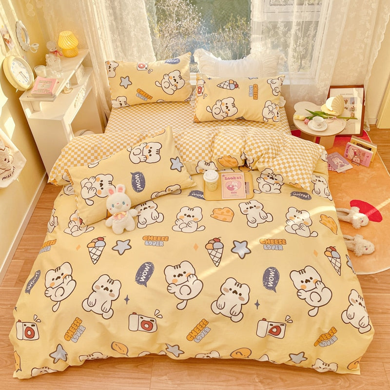 Ihomed Cute Strawberry Bear Bedding Set For Kids Girl 100% Cotton Twin Full Queen Size Kawaii Double Fitted Bed Sheet Quilt Duvet Cover