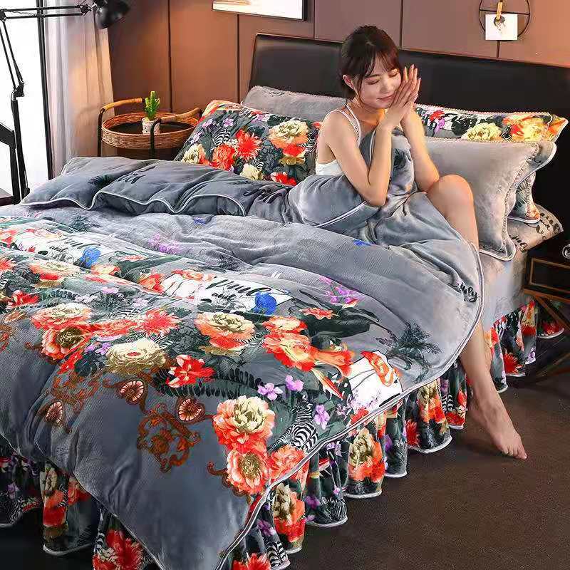 Ihomed 4pcs Set Winter Warm Thicken Short Plush Bedding Set Printing Flannel Duvet Cover Flat Sheet Pillowcase King Queen Bedding Set