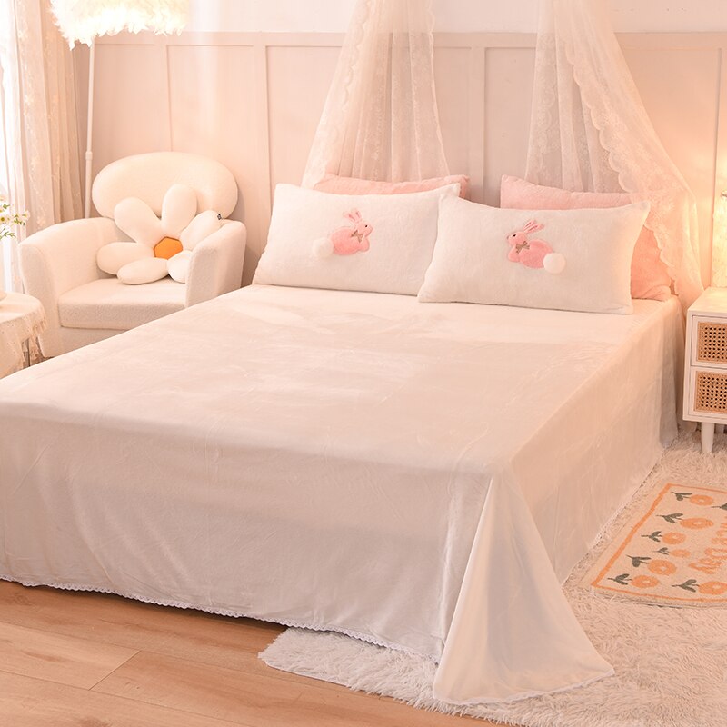 Ihomed Luxury Shaggy Velvet + Berber Fleece Princess Girl Bedding Set Rabbit Embroidery Short Plush Duvet Cover Quilt Cover Bed Linen