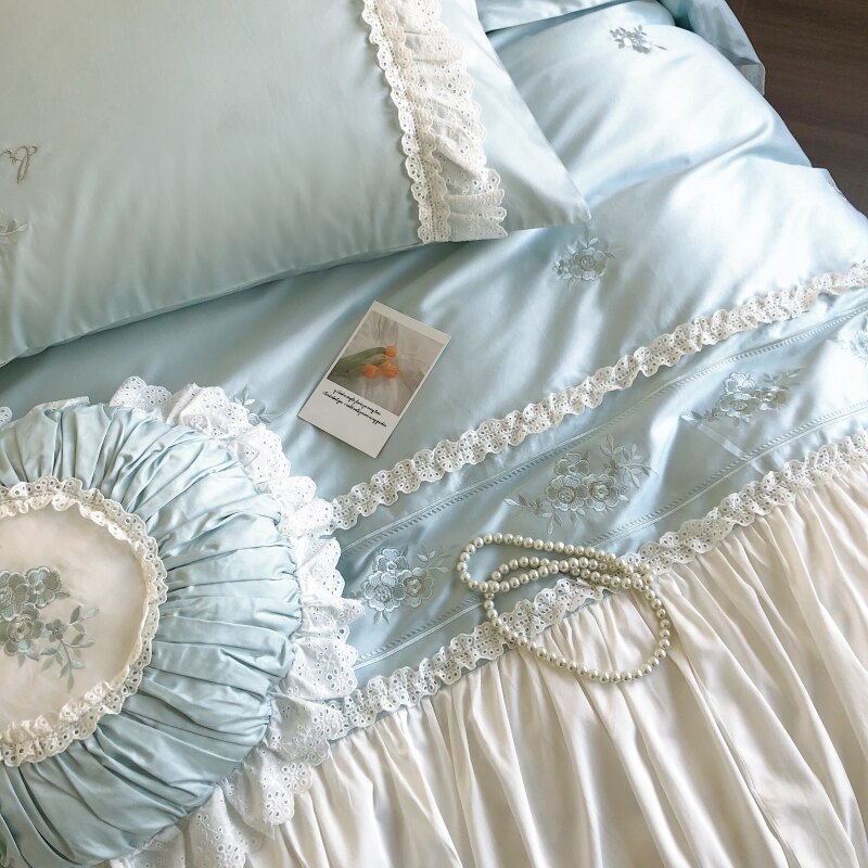 Ihomed French Romance Vintage Princess Flowers Embroidery Egyptian Cotton Bedding Set Lace Ruffles Quilt Cover Bed Linen Pillowcases