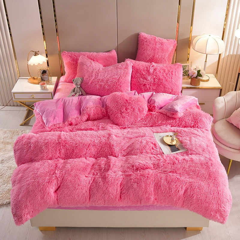 Ihomed Luxury Plush Pure Color Shaggy Warm Fleece Girl Bedding Set Mink Velvet For Home Double Duvet Cover Set Bed Sheet Pillowcase