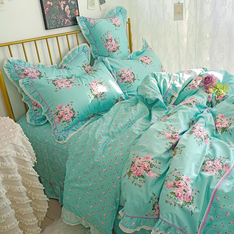 Ihomed 4/6Pcs100%Cotton Bedding Set Vintage Elegant Flowers Duvet cover  with Ruffle soft comfy bed sheet pillowcases Double Queen King