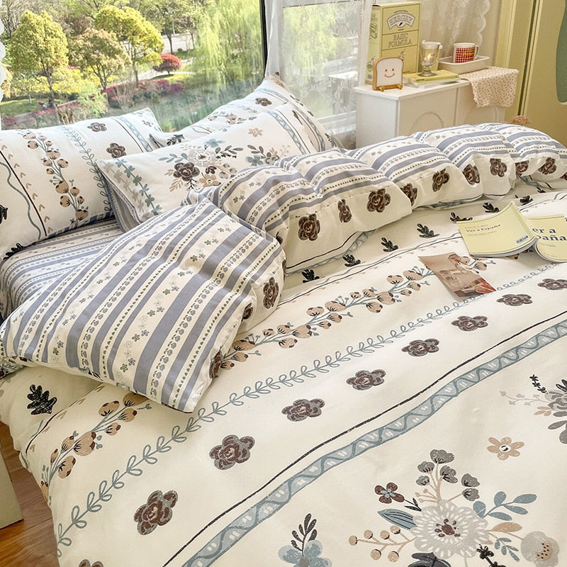 Ihomed AB double-sided florals print 100% cotton Bedding Set queen soft skin friendly duvet cover set with flat sheets quilt cover sets