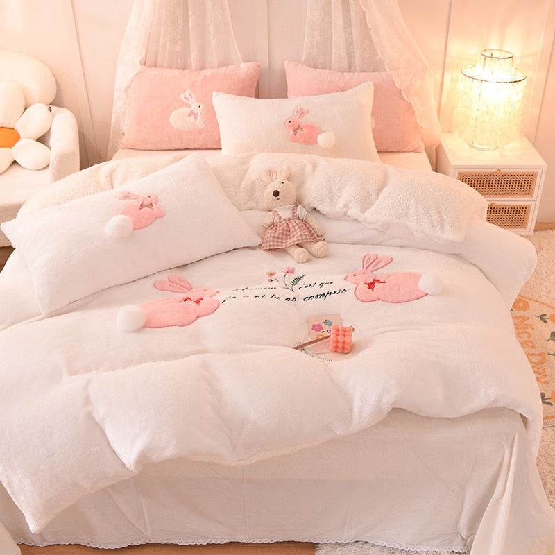 Ihomed Luxury Shaggy Velvet + Berber Fleece Princess Girl Bedding Set Rabbit Embroidery Short Plush Duvet Cover Quilt Cover Bed Linen