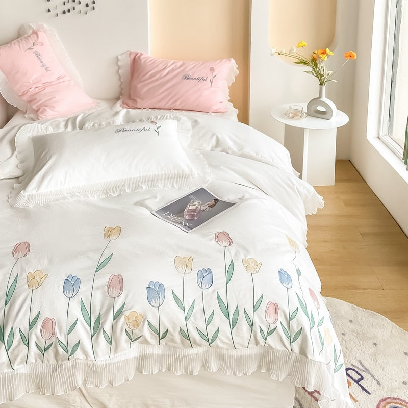 Ihomed Tulip Embroidery Girl Bedding Set 100% Washed Cotton Lace Ruffles Flower Quilt/Duvet Cover Set Bed Linen Fitted Sheet Pillowcase