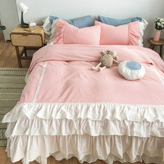 Ihomed 100% Yarn-Dyed Washed Cotton Princess Girl Bedding Set White Ruffle Splice Cake skirt design Duvet Cover Bed Skirt Pillowcases