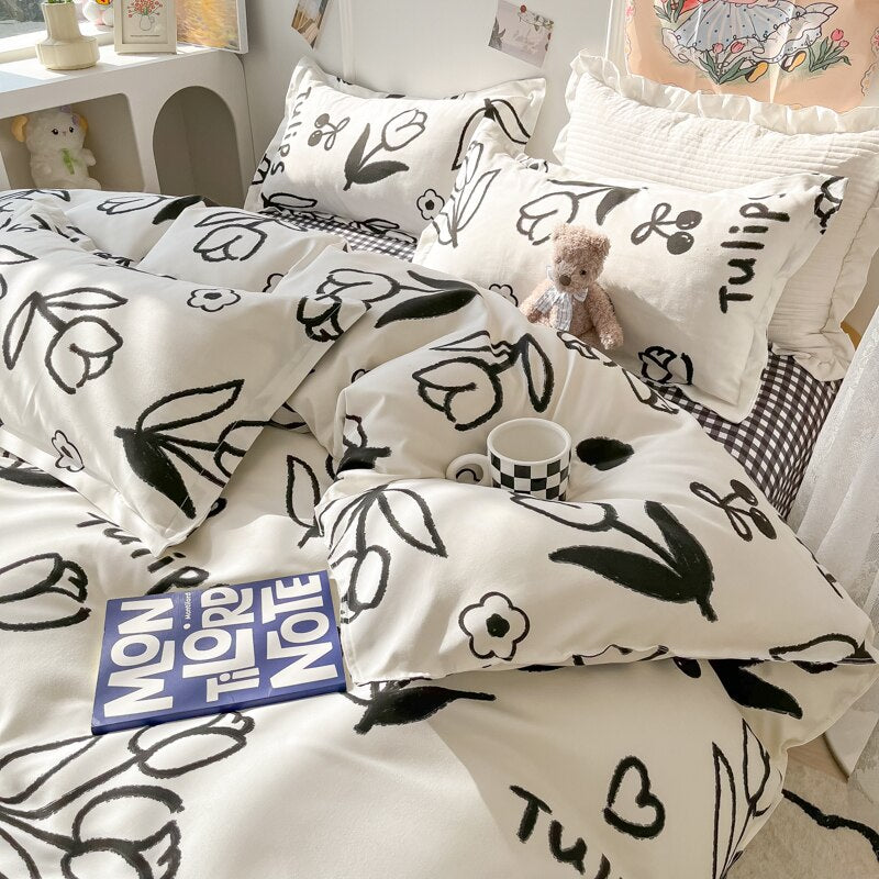 Ihomed Cartoon Style Printed Bedding Sets King Queen Full Sizes Comforter Sets Duvet Cover Bed Flat Sheet Pillowcases for Child Girls