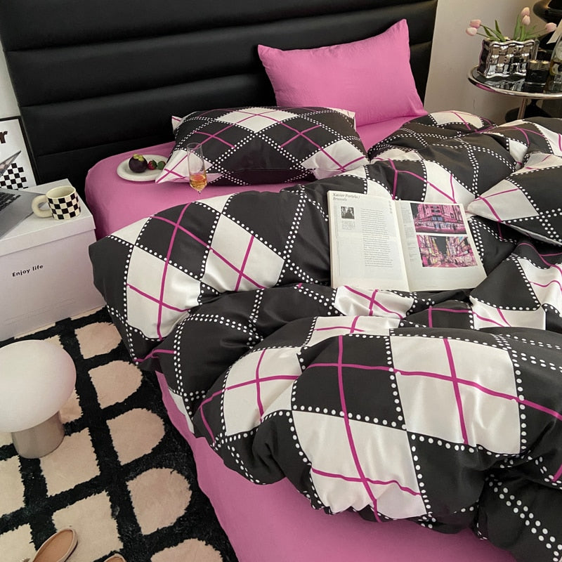 Ihomed Fashion Style Pink,Black 4pcs Bedding Set Luxury Pure Cotton Soft Duvet Cover Comforter Pillowcases Bed Flat Sheet Set for Girl