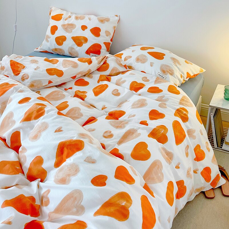 Ihomed 3/4pcs Cute Orange Bedding Set Twin Full Queen Size Quilt Covers Kawaii Animal Fitted Bed Sheet Pillowcase Bedroom Duvet Cover