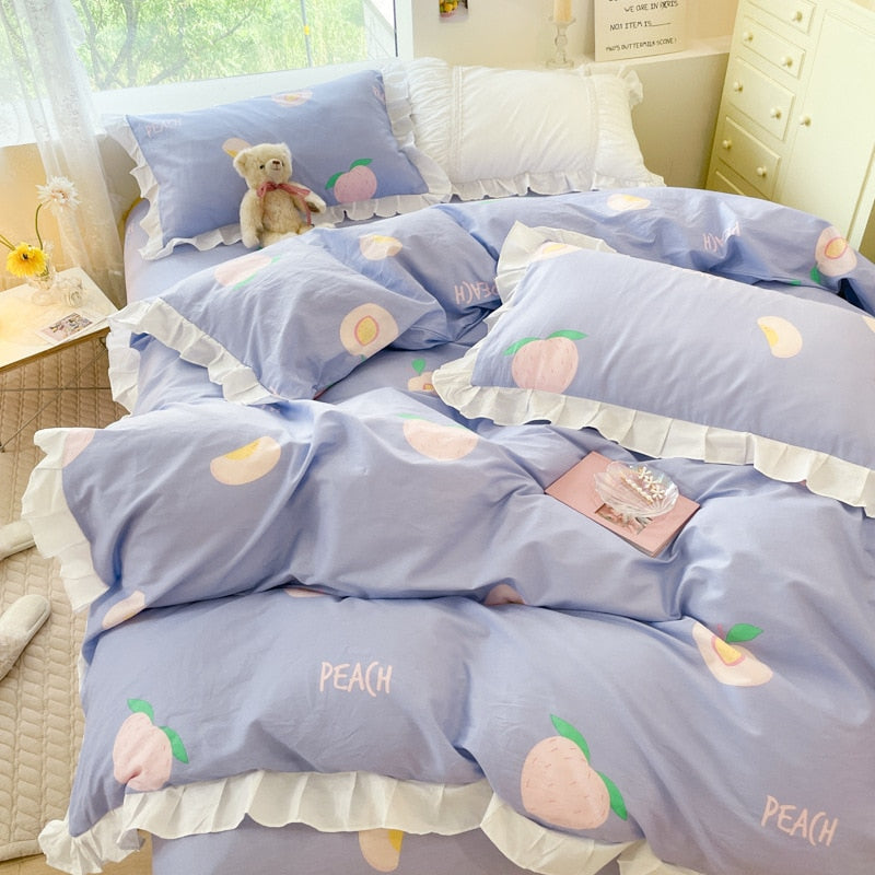 Ihomed Kawaii Peach Bedding Set For Home Cotton Twin Full Queen Size Strawberry Bear Cute Fitted Bed Sheet Pillowcases Duvet Cover