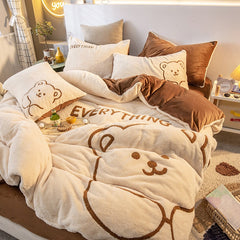 Ihomed Soft Warm Cosy Flannel Velvet Fleece Cartoon Bear Embroidery Child Bedding Set Duvet Cover Flat/Fitted Sheet Pillowcases